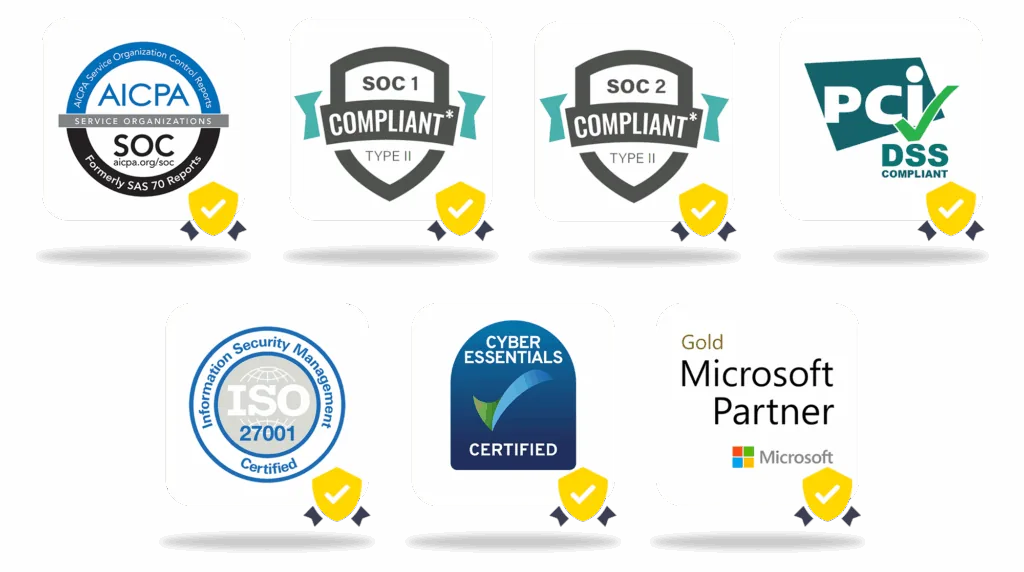 OptimoGov accreditation marks: ISO 27001, SOC 2, SOC 1, PCI DSS, Cyber Essentials and Microsoft Partner