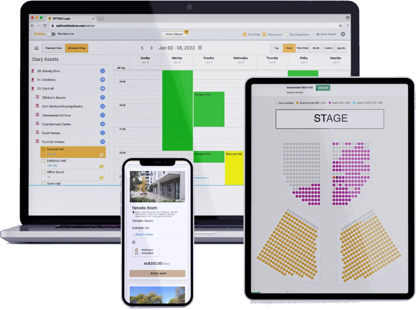 The OptimoGov staff diary on a laptop, a seat map for a ticketed event on a tablet and the resident booking portal on a phone